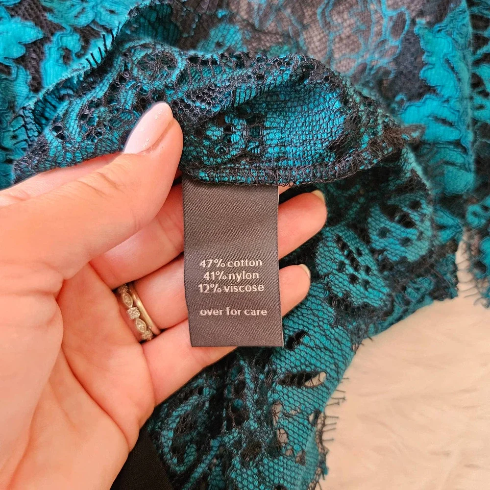 NWT The Limited Sz L Turquois & Black Lace Fairy Whimsigoth Sheer V-neck Blouse‎